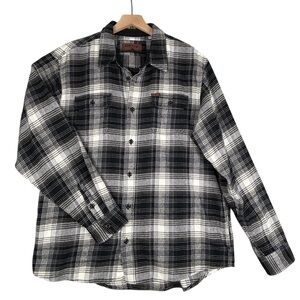 Orvis Shirt Jacket Men XL Black Blue Tan Plaid Heavyweight Shacket Pockets